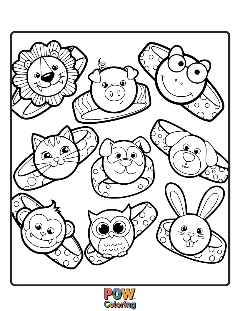 Free coloring page of Little cartoon animals with silly expressions are strung together on a bracelet. A playful and humorous design.
