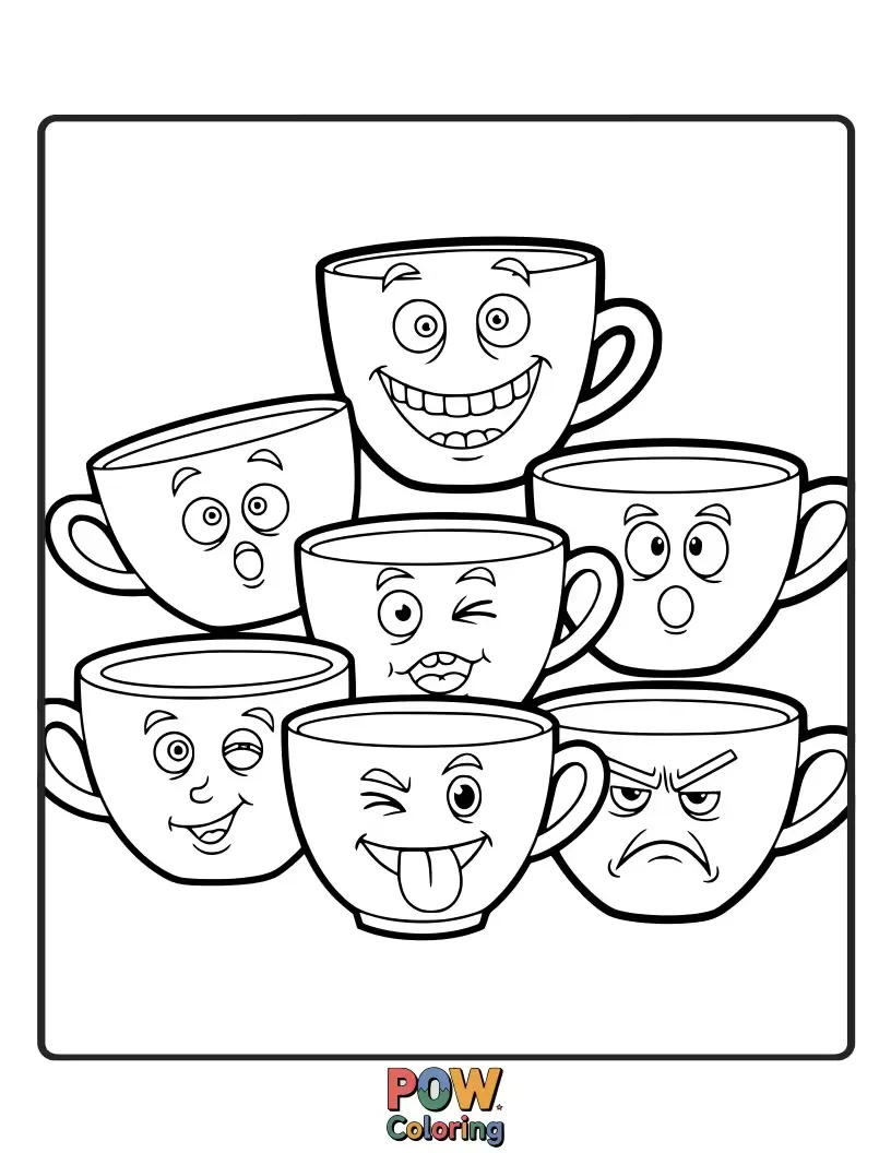 Free coloring page of A collection of cups with incredibly expressive and hilarious faces, each telling a silly story. Guaranteed smiles!