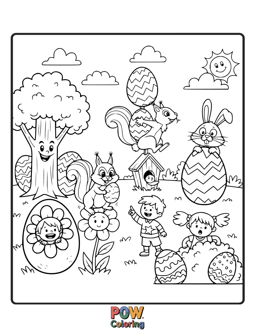 Free coloring page of Silly cartoon eggs wearing hats and glasses, scattered in a meadow for a comical hunt.