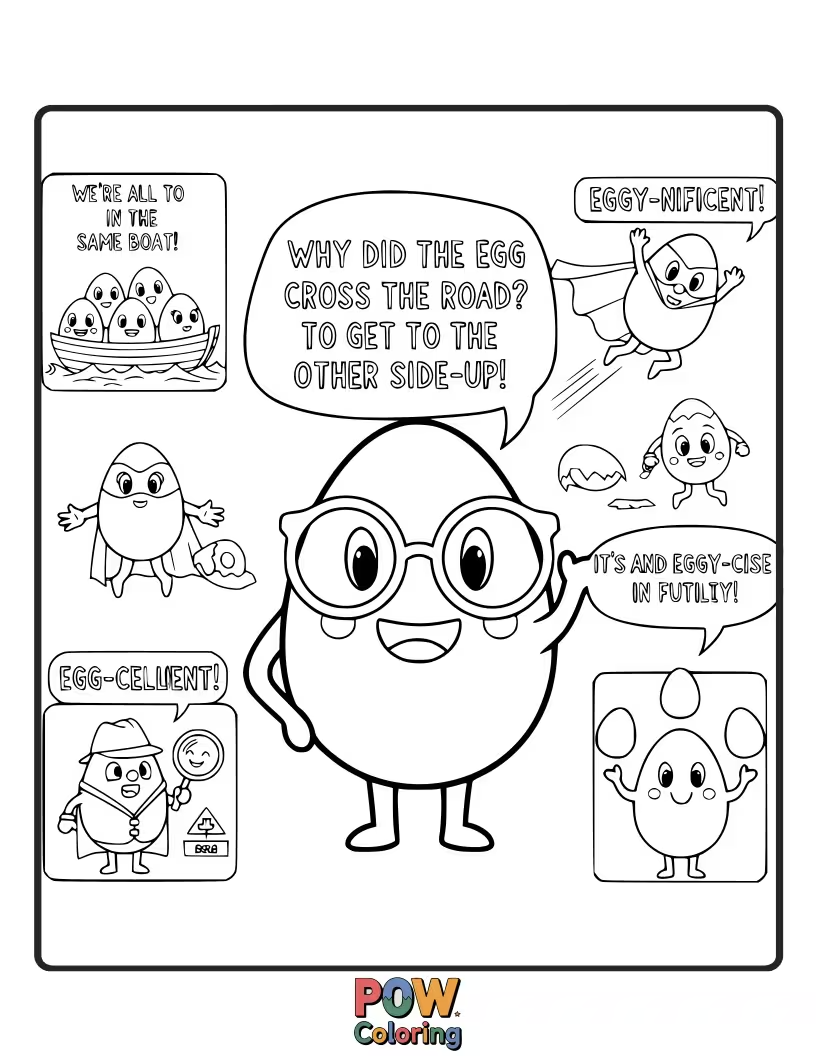 Free coloring page of Several eggs with speech bubbles containing simple, silly jokes or puns, encouraging creative and humorous coloring.
