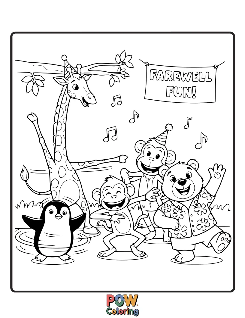 Free coloring page of A silly penguin and a flamingo doing a quirky dance together, with musical notes floating around them.