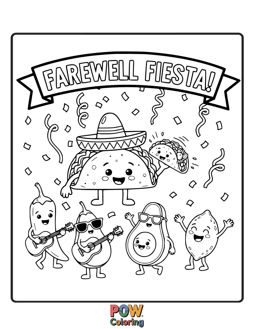 Free coloring page of A whimsical scene with a taco and a burrito in party hats, dancing and waving goodbye. It’s a lively and humorous send-off.