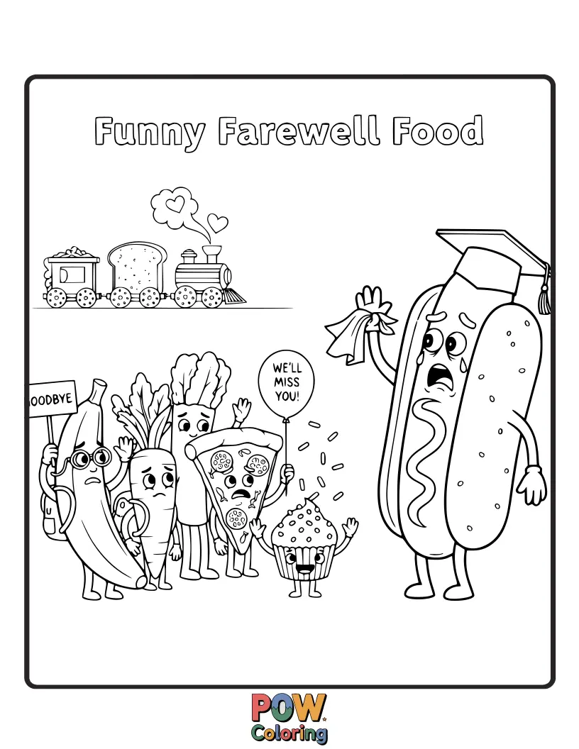 Free coloring page of A cartoon slice of pizza and a donut doing a high-five goodbye, with speech bubbles saying "Later, dude!"