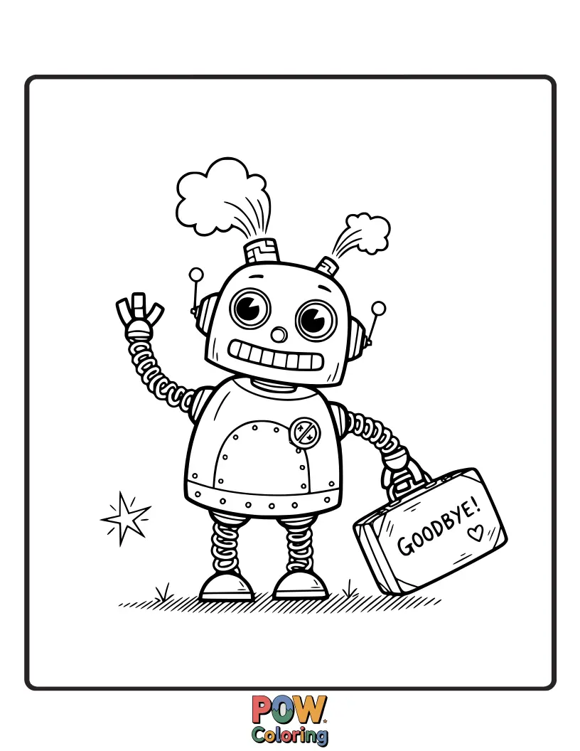 Free coloring page of A cute, clunky robot with blinking lights, giving a slightly awkward but enthusiastic wave goodbye.
