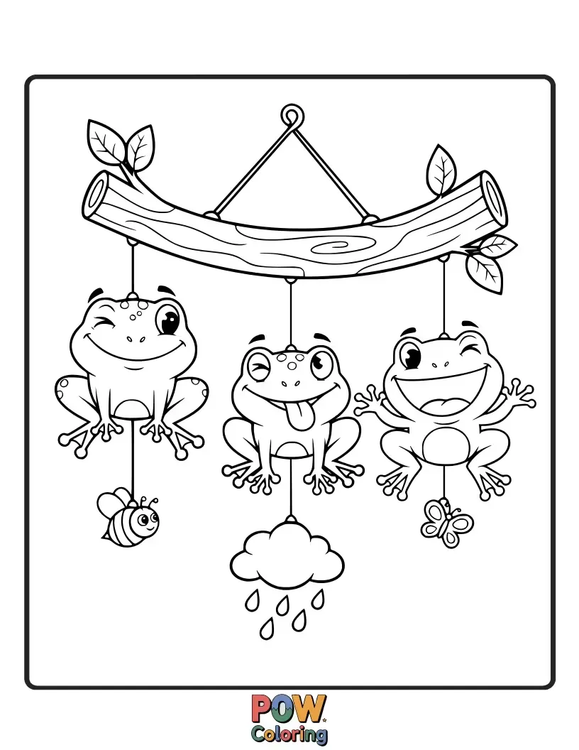 Free coloring page of A goofy frog wearing a tiny hat, enjoying the music of silly, oversized chimes.