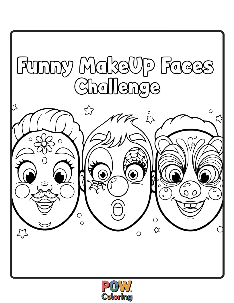 Free coloring page of A set of blank faces ready for hilarious makeup transformations with silly accessories. Let the laughter and creativity begin.