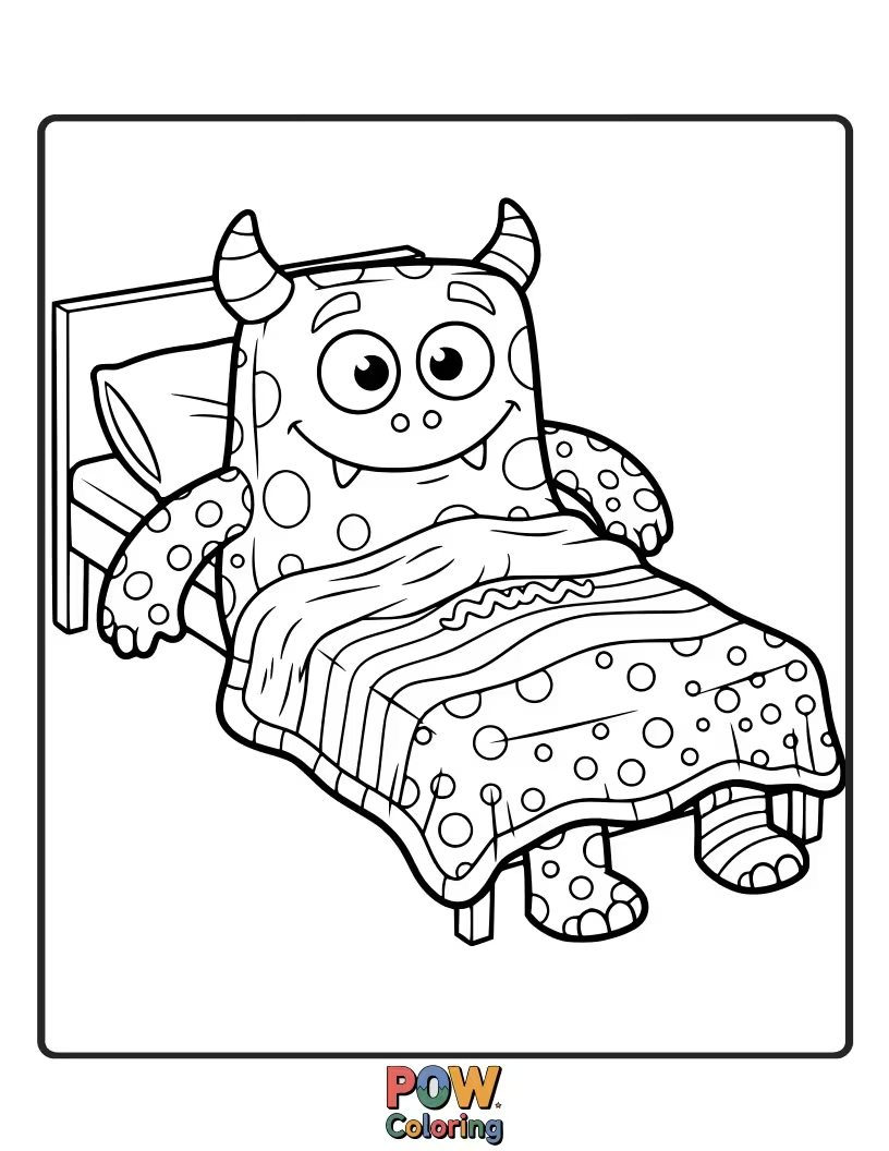 Free coloring page of A silly, googly-eyed monster peeking out from under a colorful, fuzzy blanket.