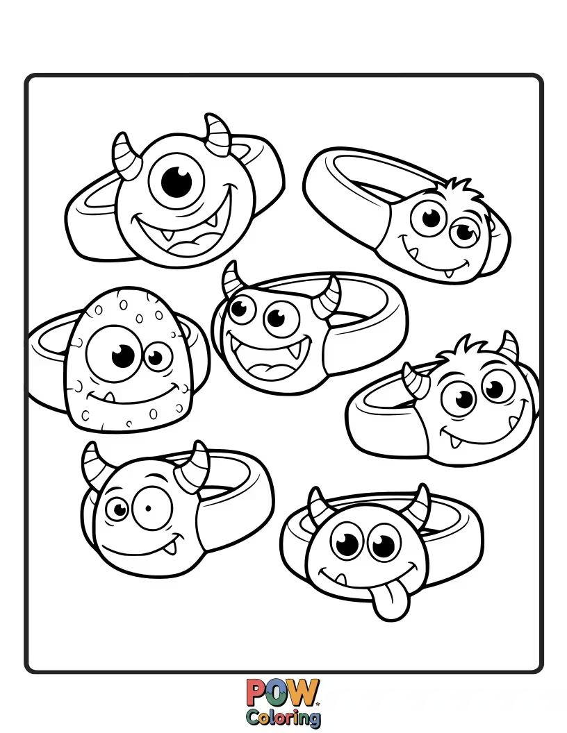 Free coloring page of Friendly, googly-eyed monsters are strung together on a bracelet, making for a silly and fun design. Cute and quirky.