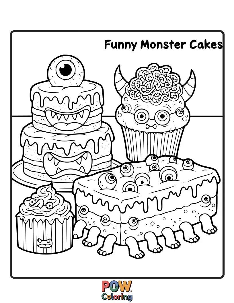 Free coloring page of Playful, googly-eyed monsters with silly smiles are transformed into delightful, and slightly mischievous, cakes.