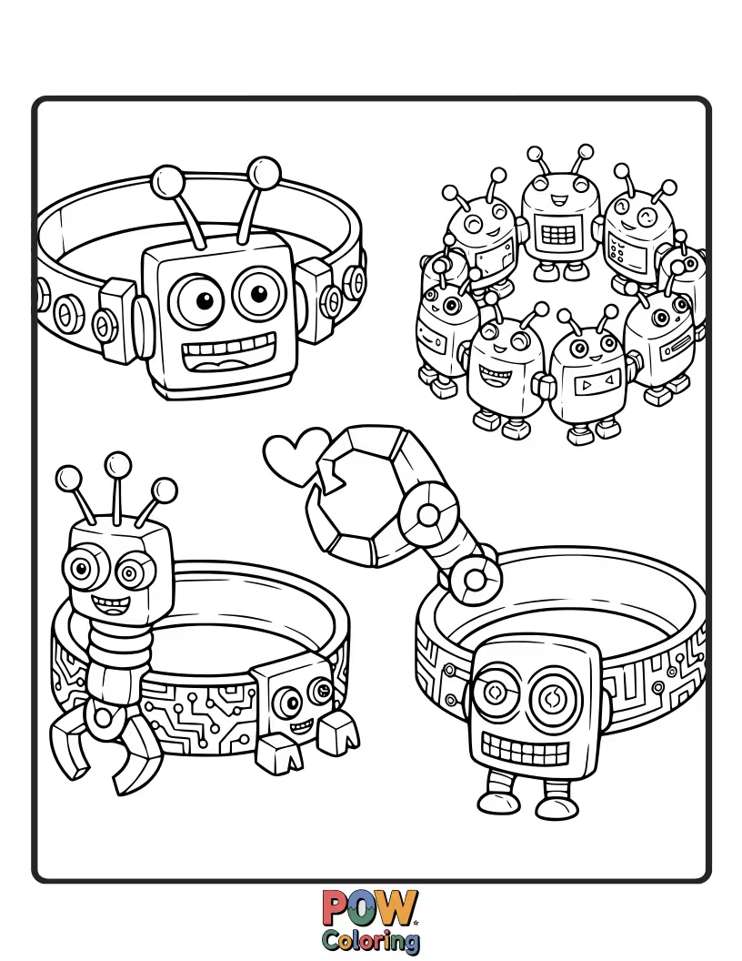 Free coloring page of Cute, boxy robots with friendly antennas are strung together for a playful and unique bracelet. Future fun.