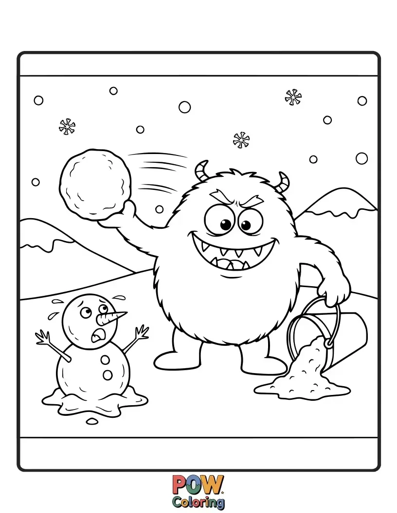 Free coloring page of A goofy, friendly monster made of snow, playfully hiding behind a snowdrift with a mischievous grin.