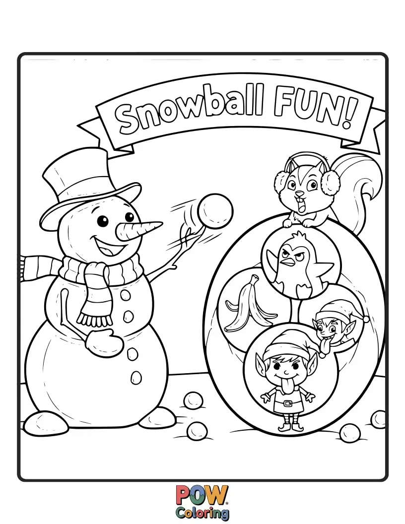 Free coloring page of A group of animals attempting to hit a snowman target with snowballs, with comical misses.