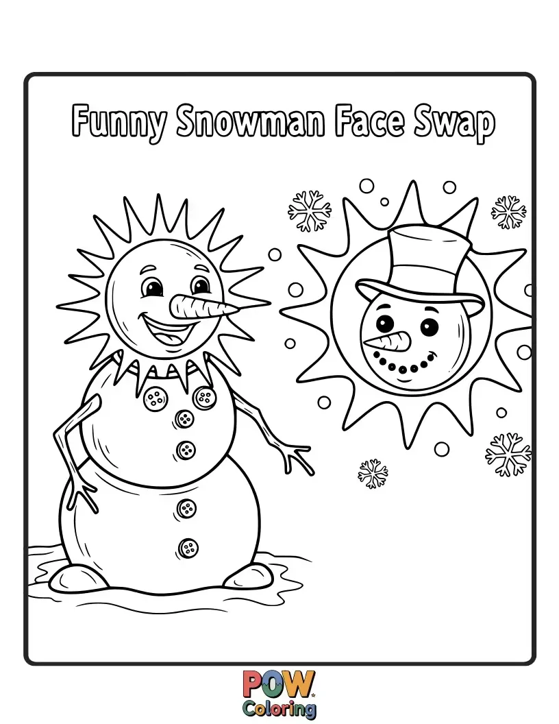Free coloring page of Two snowmen with silly, swapped facial features like mismatched hats and carrot noses, creating a funny scene.