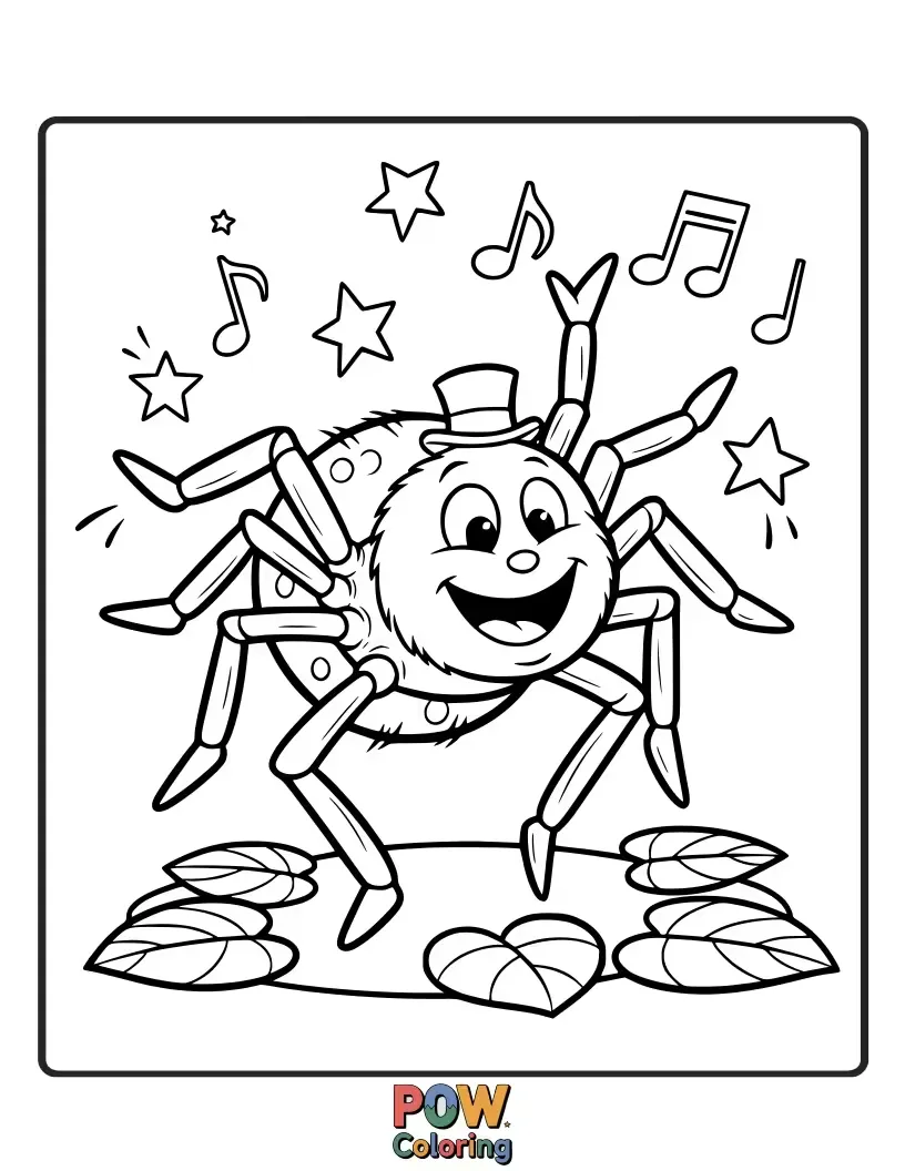 Free coloring page of An energetic spider doing a silly dance with all eight legs in the air. Encourages vibrant and playful coloring.
