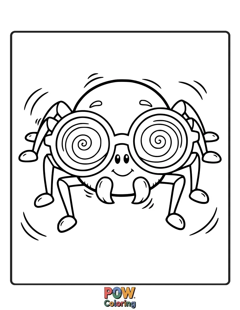 Free coloring page of A studious spider wearing oversized, quirky glasses, reading a tiny book. Sparks humor and intellectual creativity.