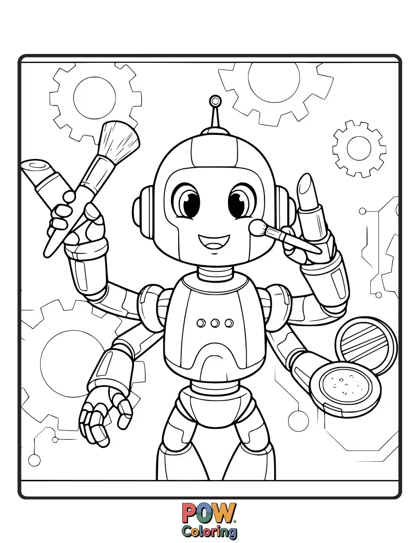 Free coloring page of A sleek, futuristic robot with intricate makeup details and glowing lights. Design your own high-tech beauty look.