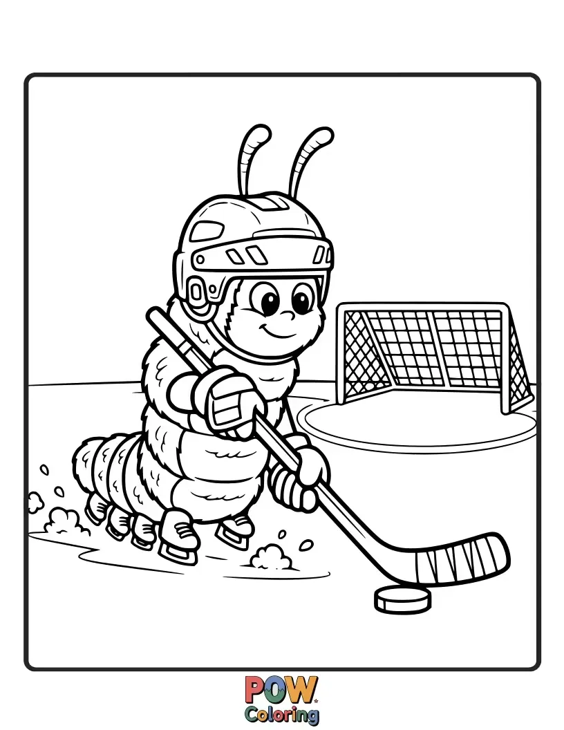 Free coloring page of A long, multi-legged caterpillar wiggling enthusiastically on skates, attempting to maneuver a hockey puck with many feet. Uniquely wiggly!