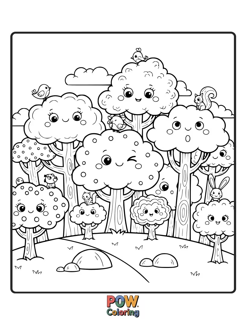 Free coloring page of Trees with soft, fuzzy textures depicted by gentle, rounded lines, inviting a comforting touch.