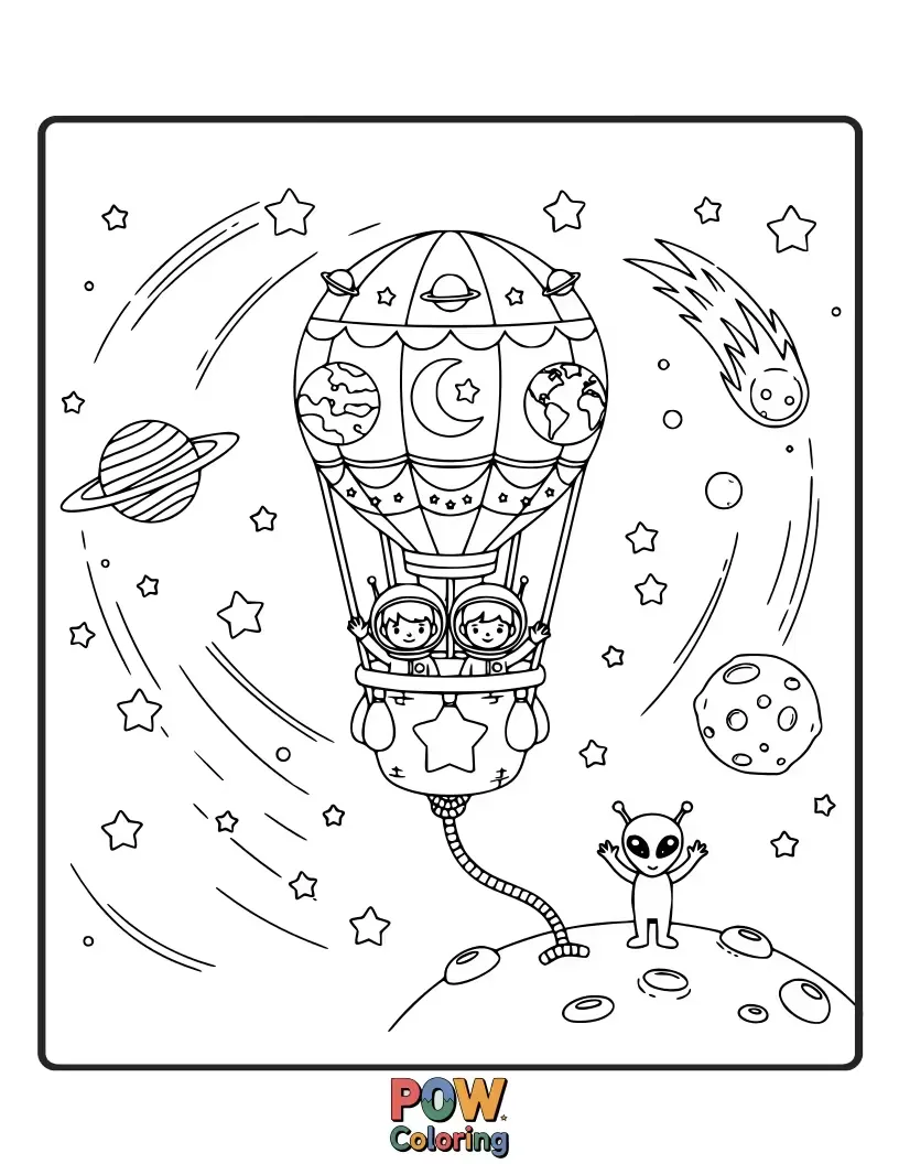 Free coloring page of Explore the cosmos with hot air balloons shaped like planets, moons, and stars, soaring past nebulae.