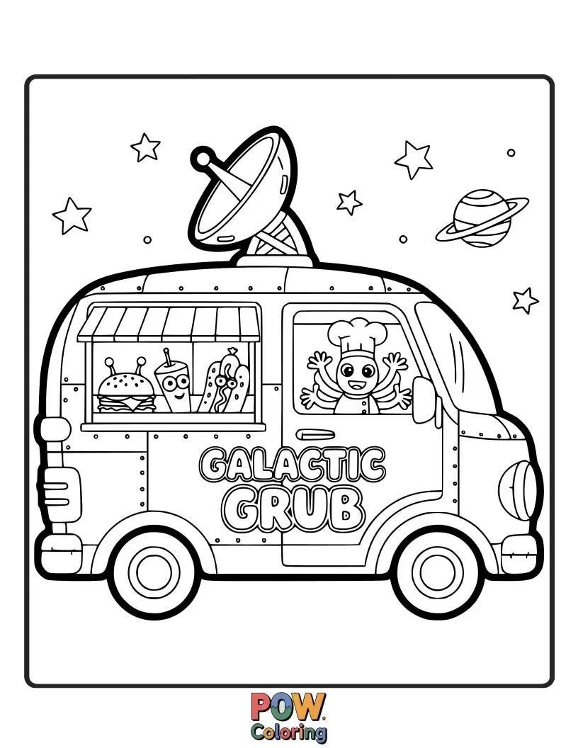 Free coloring page of A futuristic food truck shaped like a spaceship, serving cosmic delights with a starry background and alien customers.