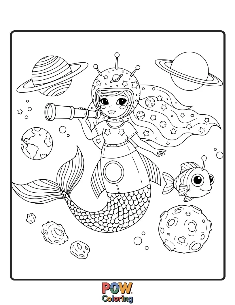 Free coloring page of A curious mermaid with star-shaped scales and bioluminescent hair swimming through a nebula, holding a sparkling telescope.