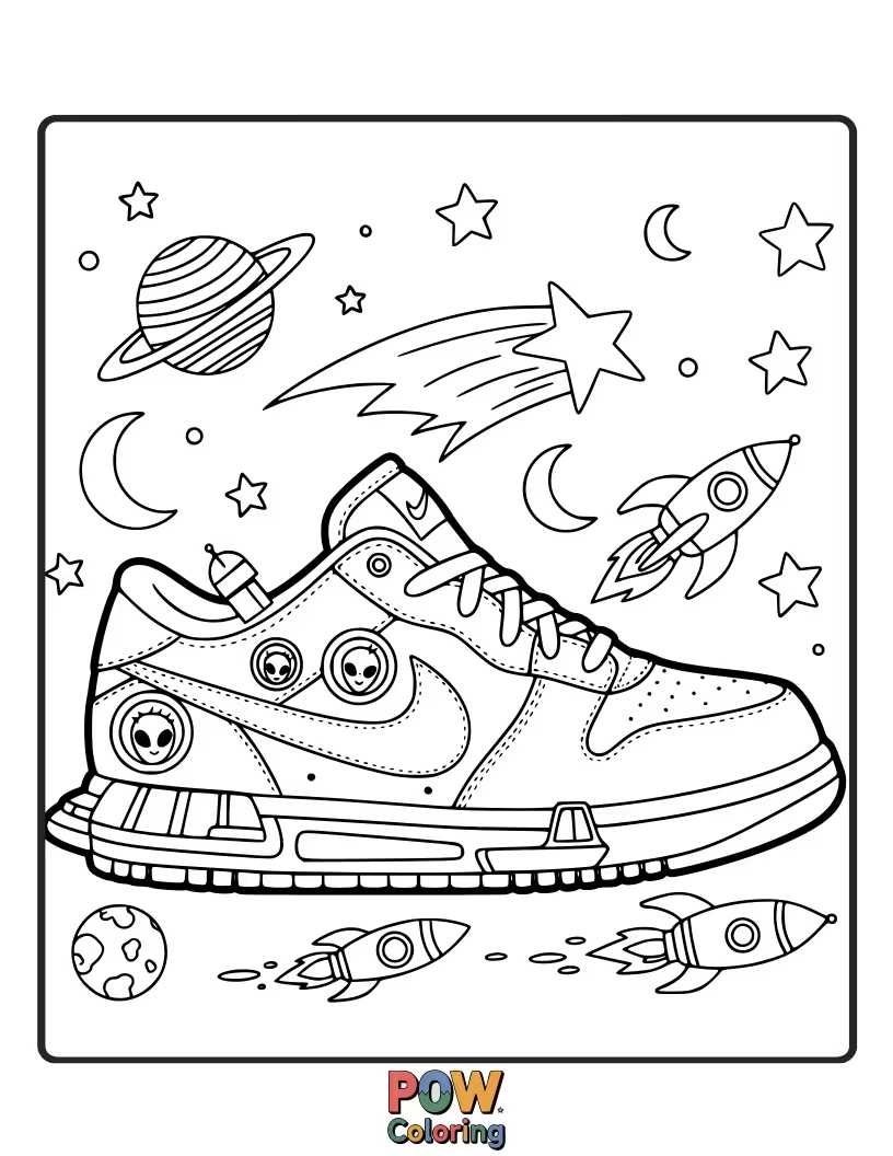 Free coloring page of Imagine a Nike shoe floating through a nebula, sprinkled with constellations and cosmic dust for an otherworldly feel.