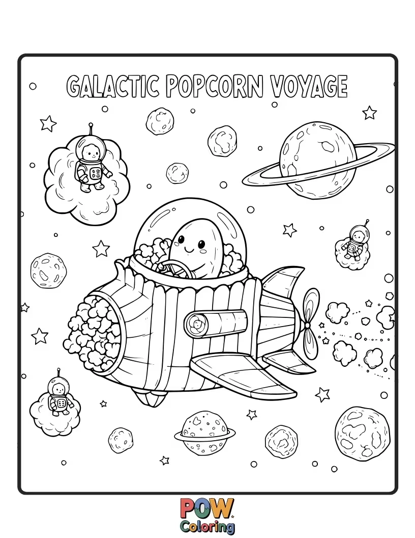 Free coloring page of A whimsical popcorn kernel spaceship blasting off into a starry galaxy, leaving a trail of buttery stardust behind.