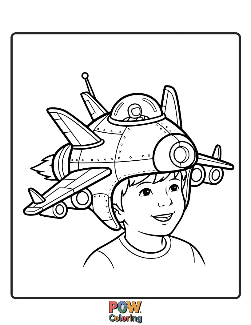 Free coloring page of A cool hat designed like a miniature spaceship, complete with windows and rocket boosters. Explore the cosmos!