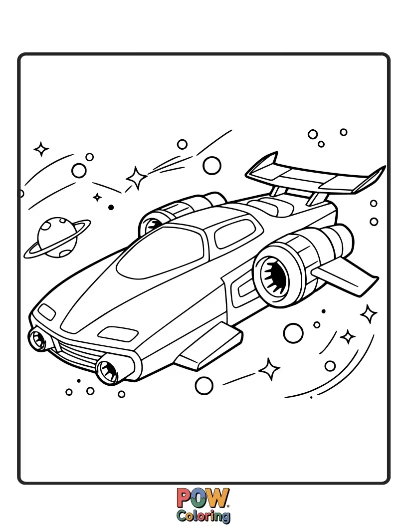 Free coloring page of A futuristic race car with cosmic designs, exploring distant galaxies and charting unknown star systems.