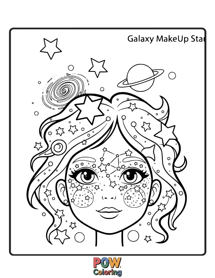 Free coloring page of Celestial makeup items like starry eyeshadow and a moon-shaped blush compact, orbiting in a cosmic swirl. Explore the universe of beauty.