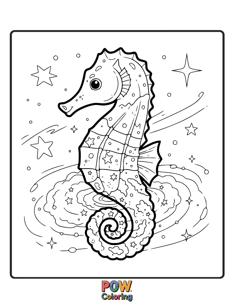Free coloring page of A mystical seahorse with a body resembling a swirling galaxy, surrounded by cosmic dust and stars.