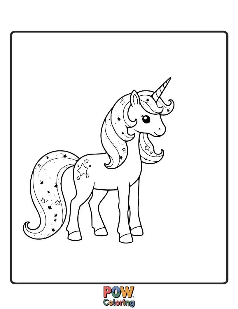 Free coloring page of Unicorn with a coat that twinkles like distant galaxies, leaving a trail of cosmic dust.
