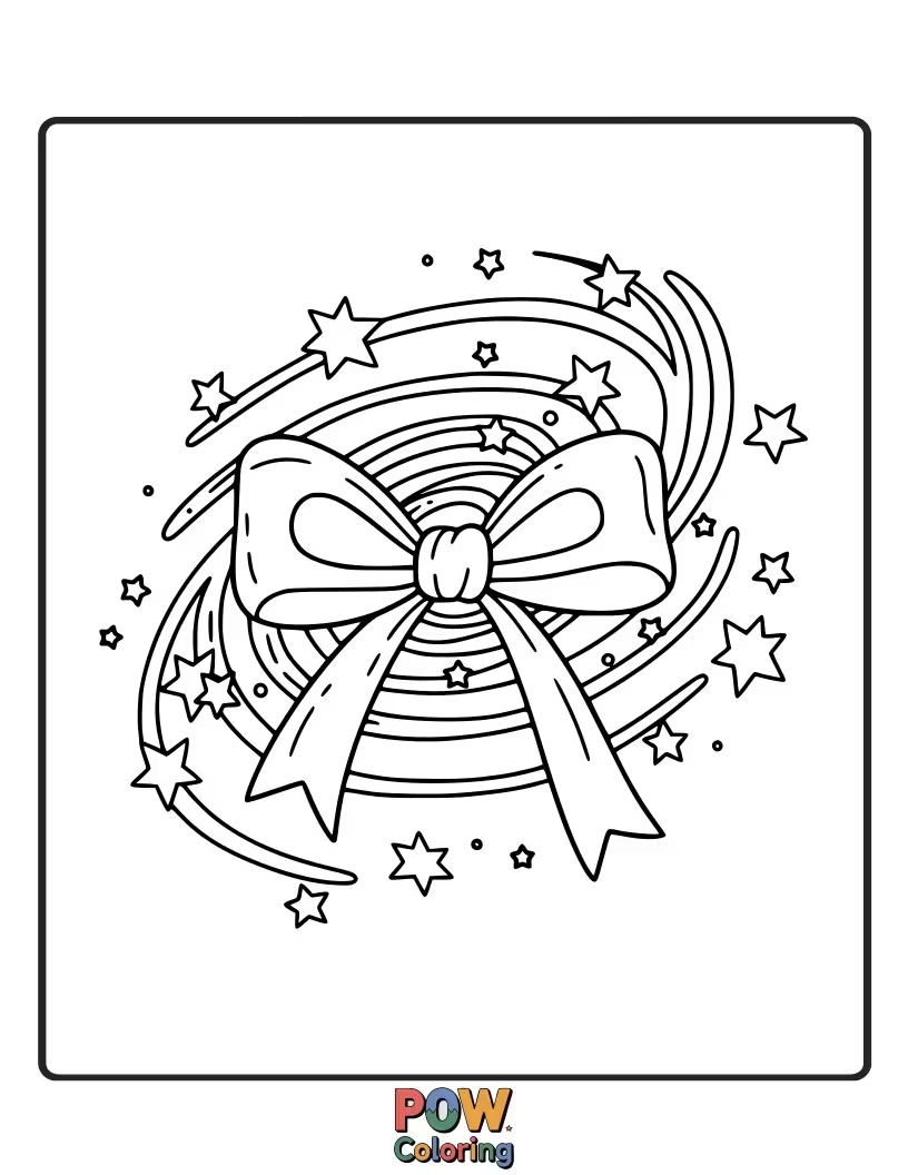 Free coloring page of A cosmic bow with swirling nebulae, distant planets, and twinkling stars, a truly out-of-this-world coloring experience.