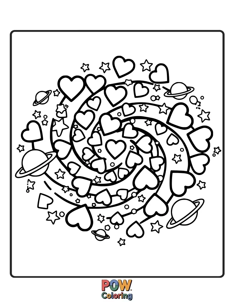 Free coloring page of Hearts swirling with cosmic colors and nebulae. A universe of love.