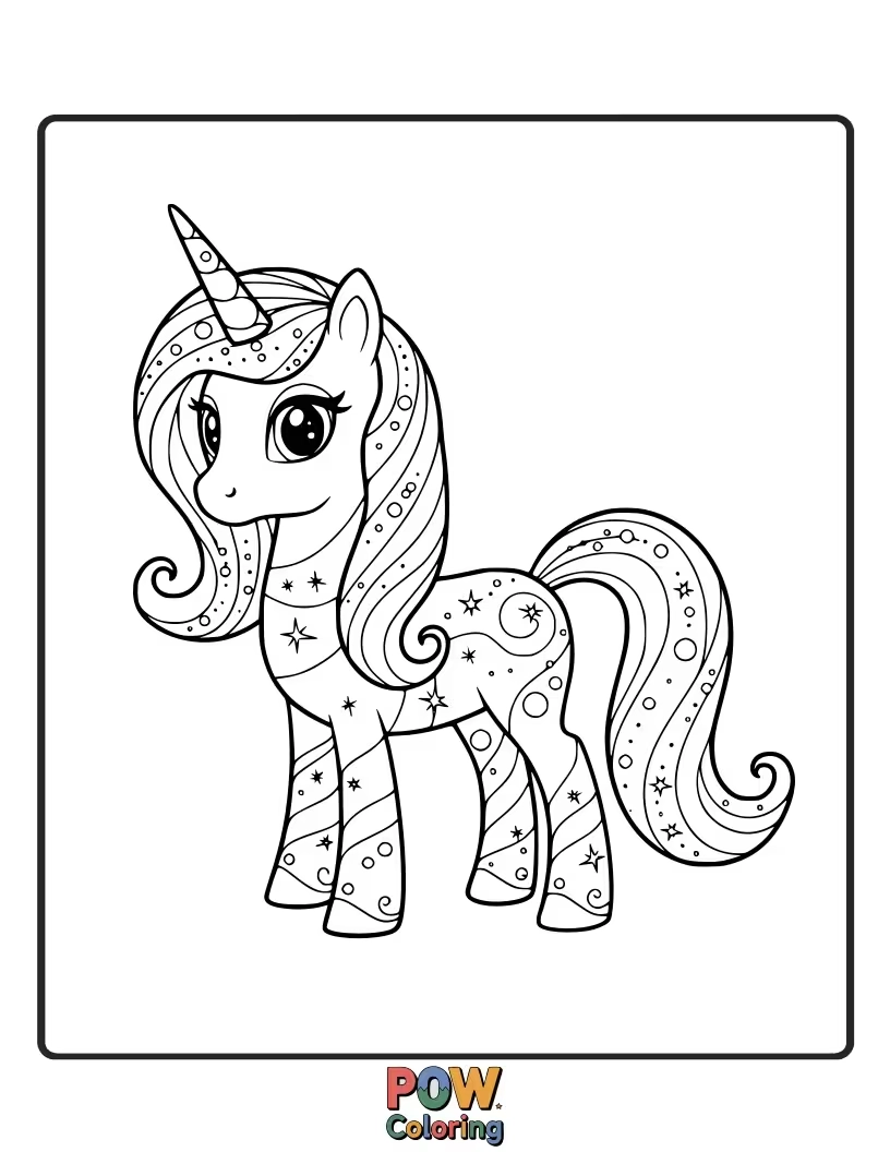 Free coloring page of Cosmic unicorn with a mane like a swirling galaxy, surrounded by nebulae.