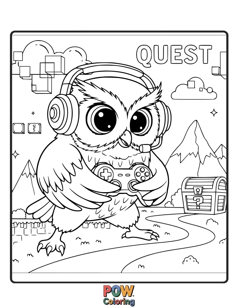 Free coloring page of A focused owl wearing a headset, intensely playing a video game controller.