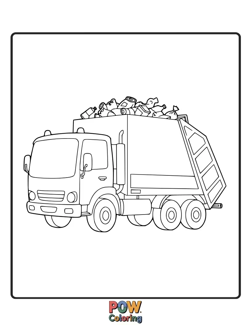 Free coloring page of A busy garbage truck collecting bins, featuring moving parts to inspire creative coloring and everyday heroes.