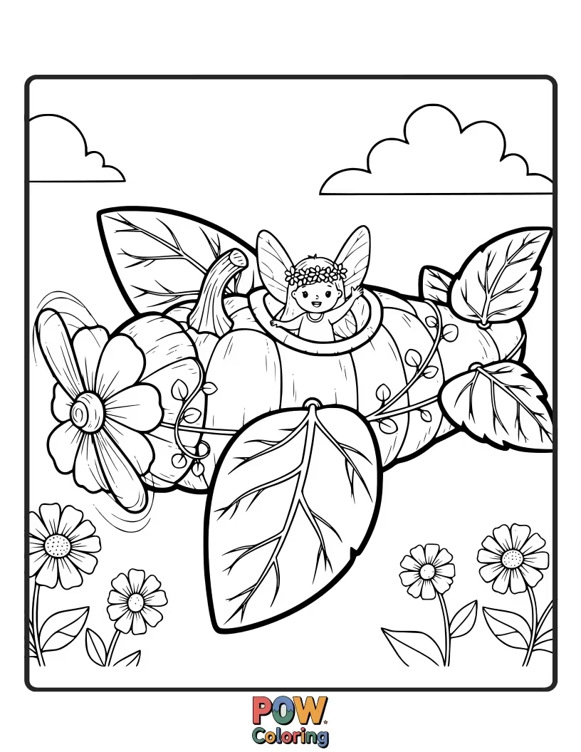Free coloring page of A delicate airplane adorned with flowers and butterfly wings, carrying a tiny fairy on a whimsical flight.