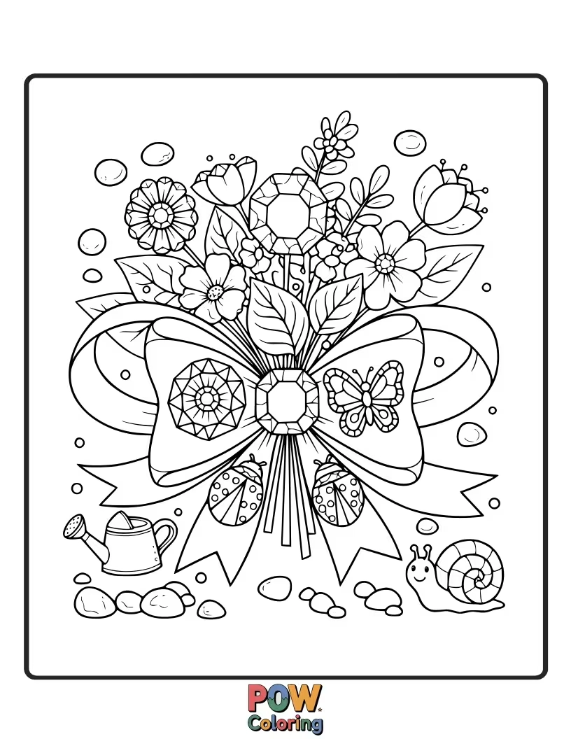 Free coloring page of A beautiful bow decorated with blooming flowers, sparkling dewdrop accents, and a friendly butterfly, celebrating nature's beauty.