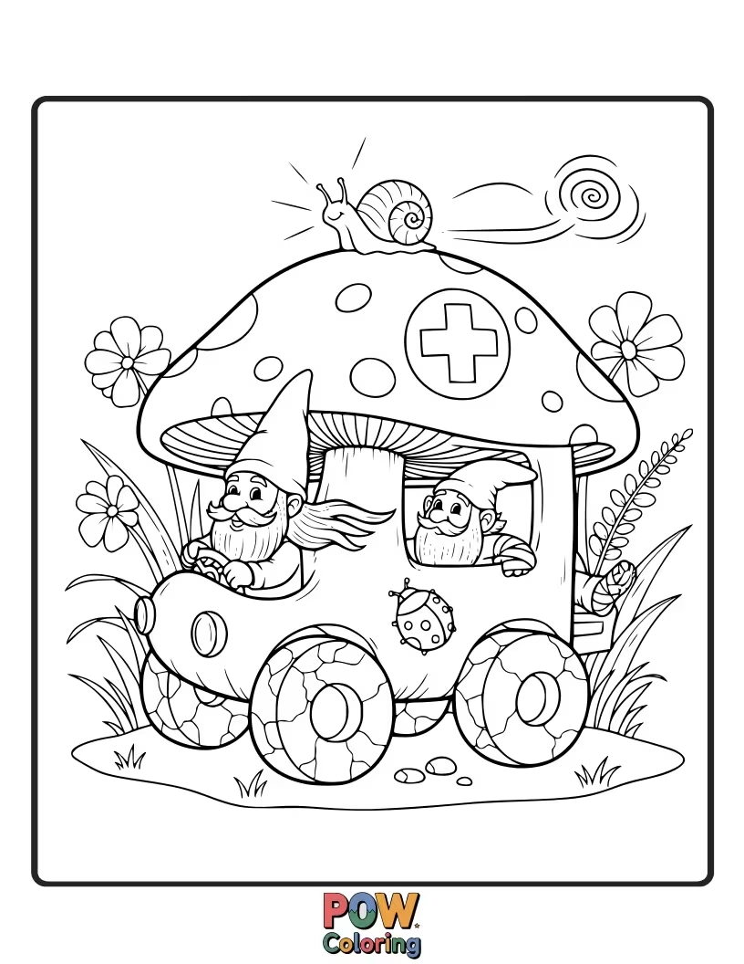 Free coloring page of A whimsical ambulance with a pointed gnome hat, assisting garden creatures in need.