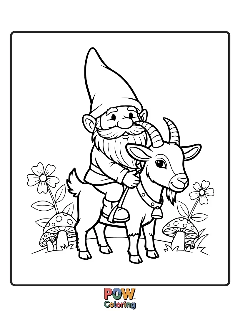 Free coloring page of A tiny goat and a garden gnome, peeking out from behind a mushroom with a friendly smile.