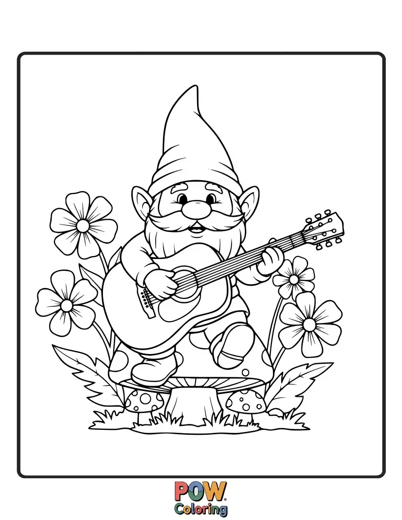 Free coloring page of A cheerful garden gnome playing a tiny, intricately decorated guitar amongst flowers.