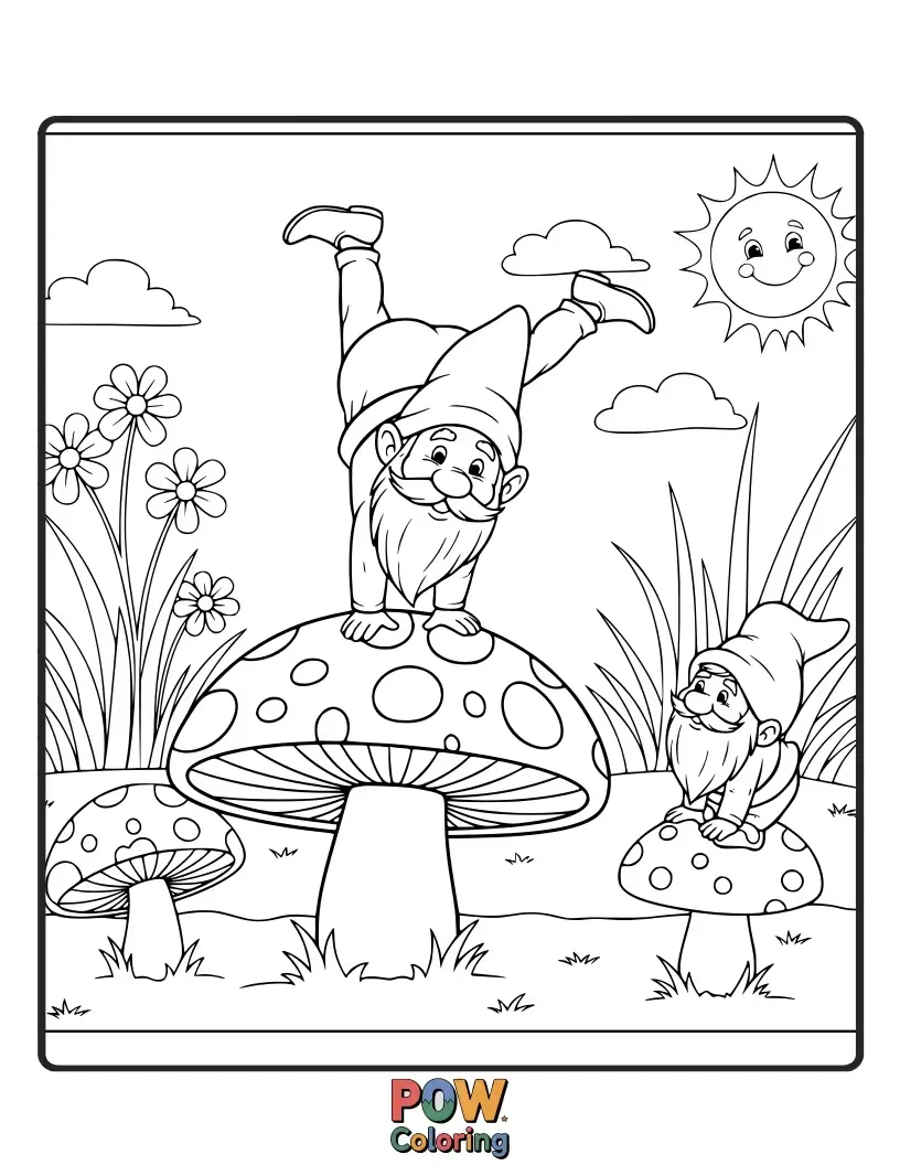Free coloring page of Little garden gnomes in mushroom caps balancing on tiny toadstools and doing acrobatic leaps in a whimsical garden.