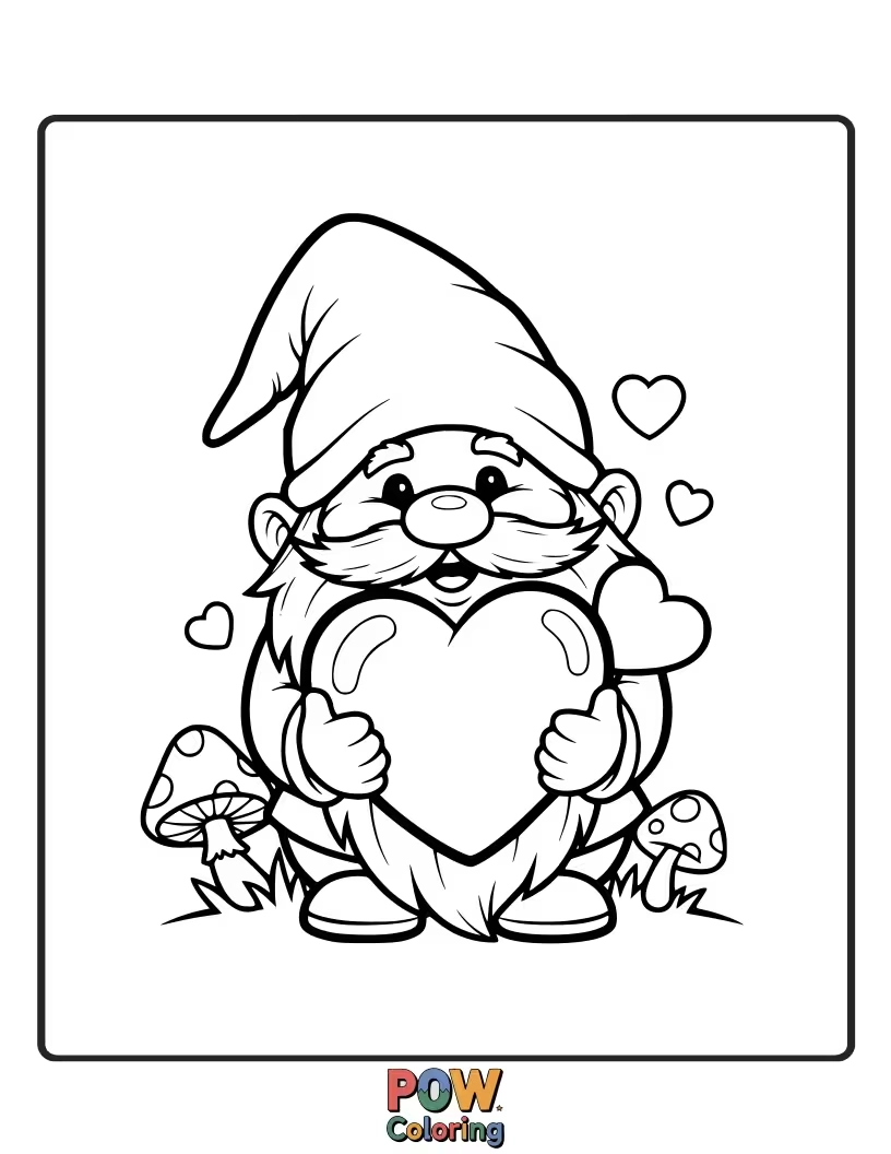 Free coloring page of Charming garden gnomes tending to blooming heart-shaped flowers and tiny ladybugs. A whimsical garden scene.