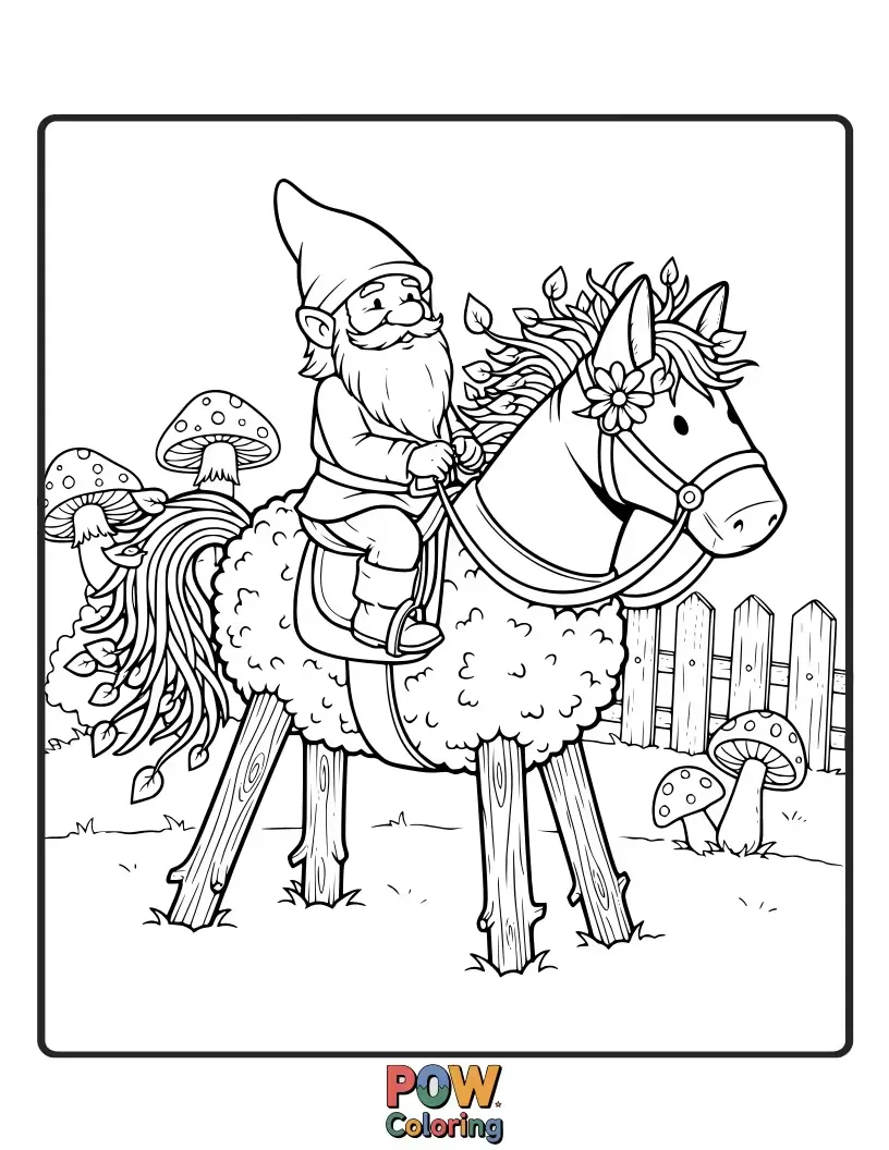 Free coloring page of A tiny horse dressed as a garden gnome, tending to miniature mushroom houses and colorful flowers.