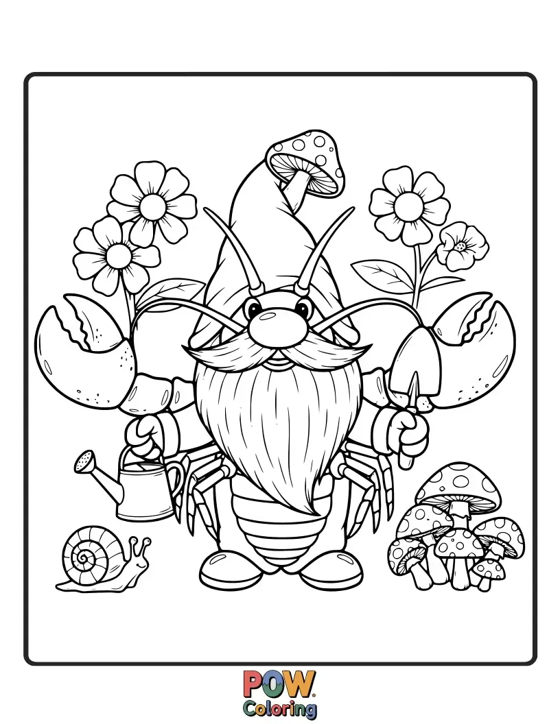 Free coloring page of A quirky lobster dressed as a garden gnome, complete with a pointy hat, tending to underwater plants.
