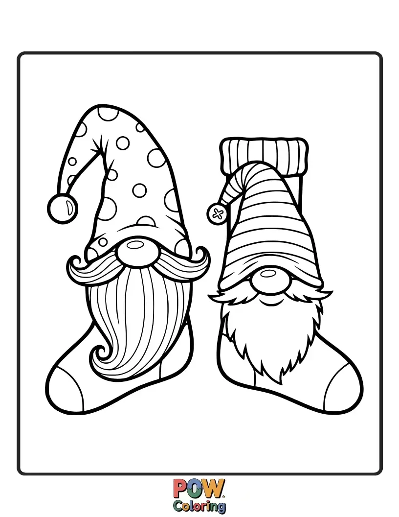Free coloring page of Meet the little helpers! These charming socks have cheerful garden gnomes tending to tiny mushrooms and flowers.