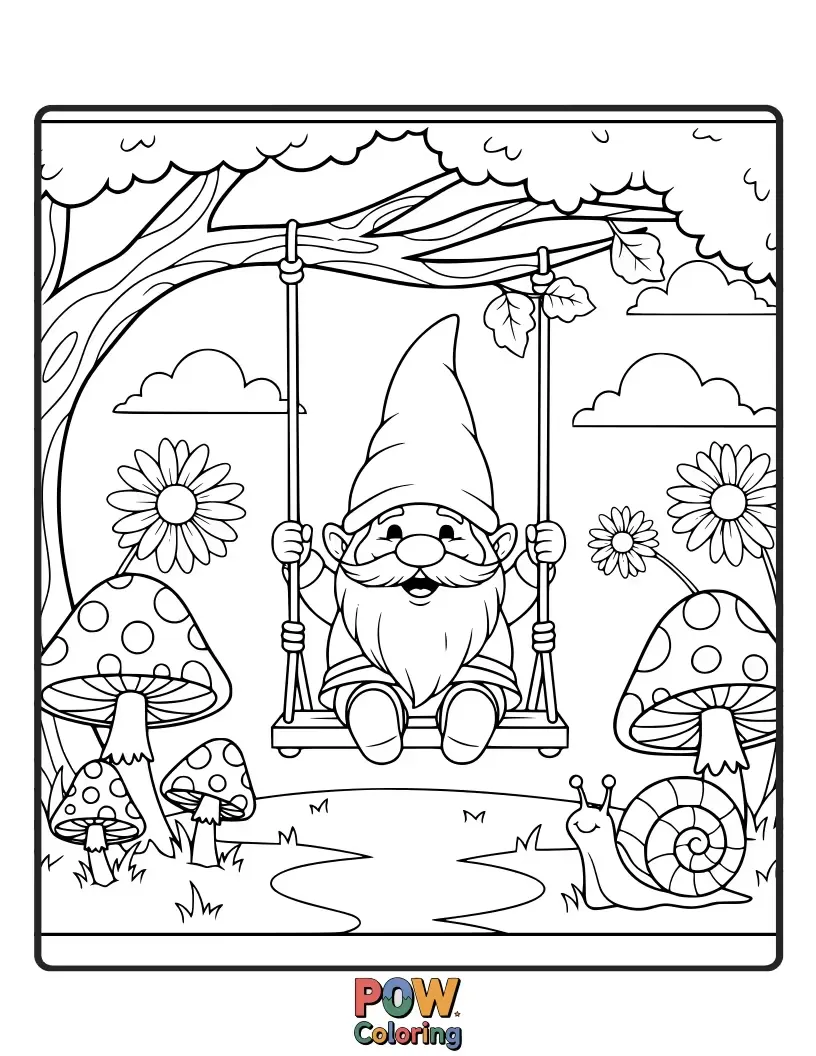 Free coloring page of A jolly garden gnome with a pointed hat enjoys a swing made of twisted vines and colorful leaves.