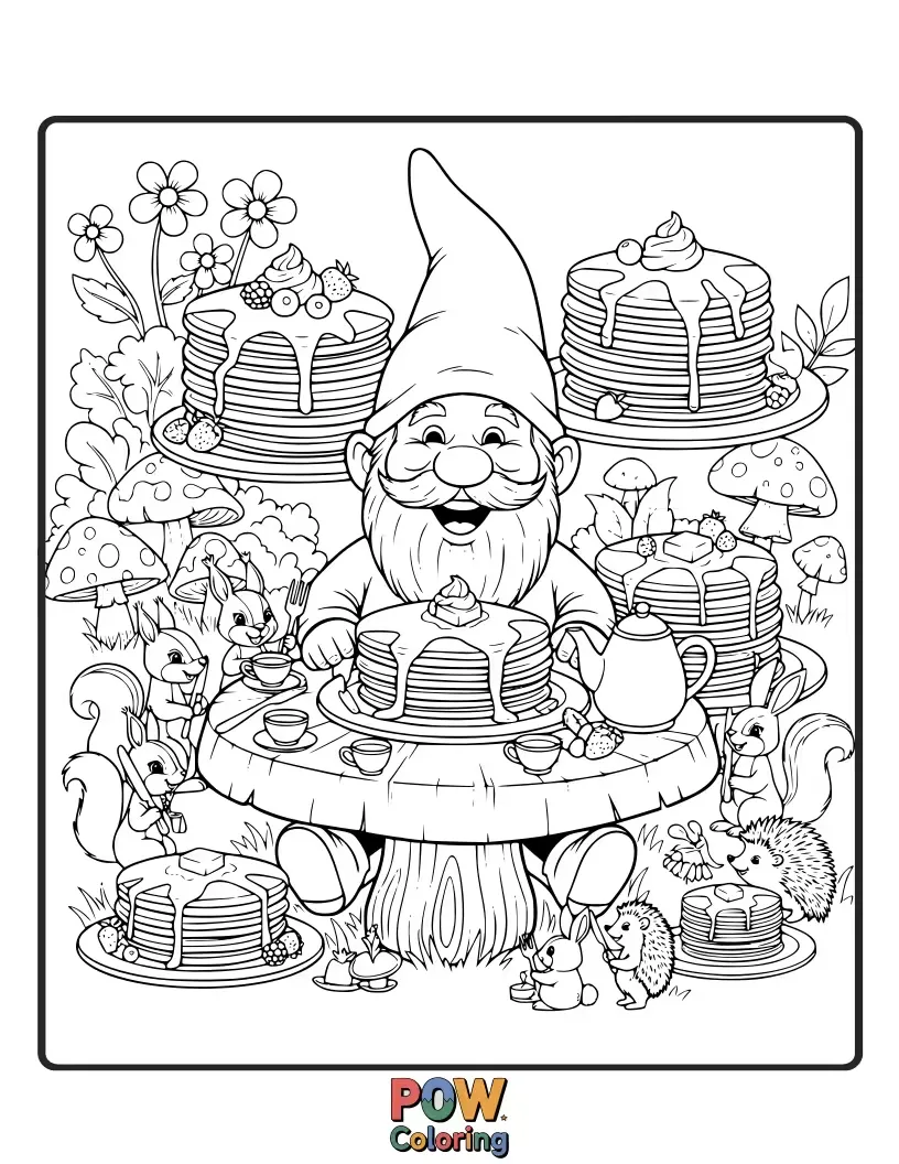 Free coloring page of A cheerful garden gnome enjoying a towering stack of pancakes in a magical, blooming meadow.