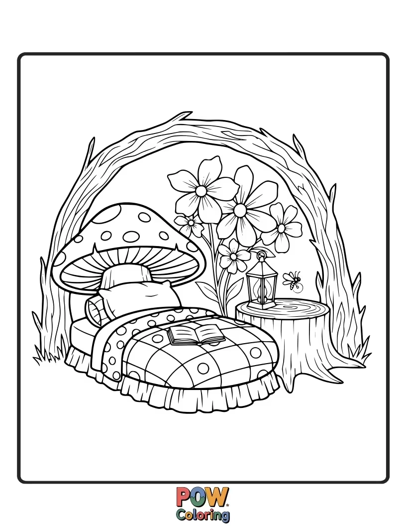 Free coloring page of Tiny flower pots, a watering can, and mushroom chairs create a quaint and peaceful garden escape.